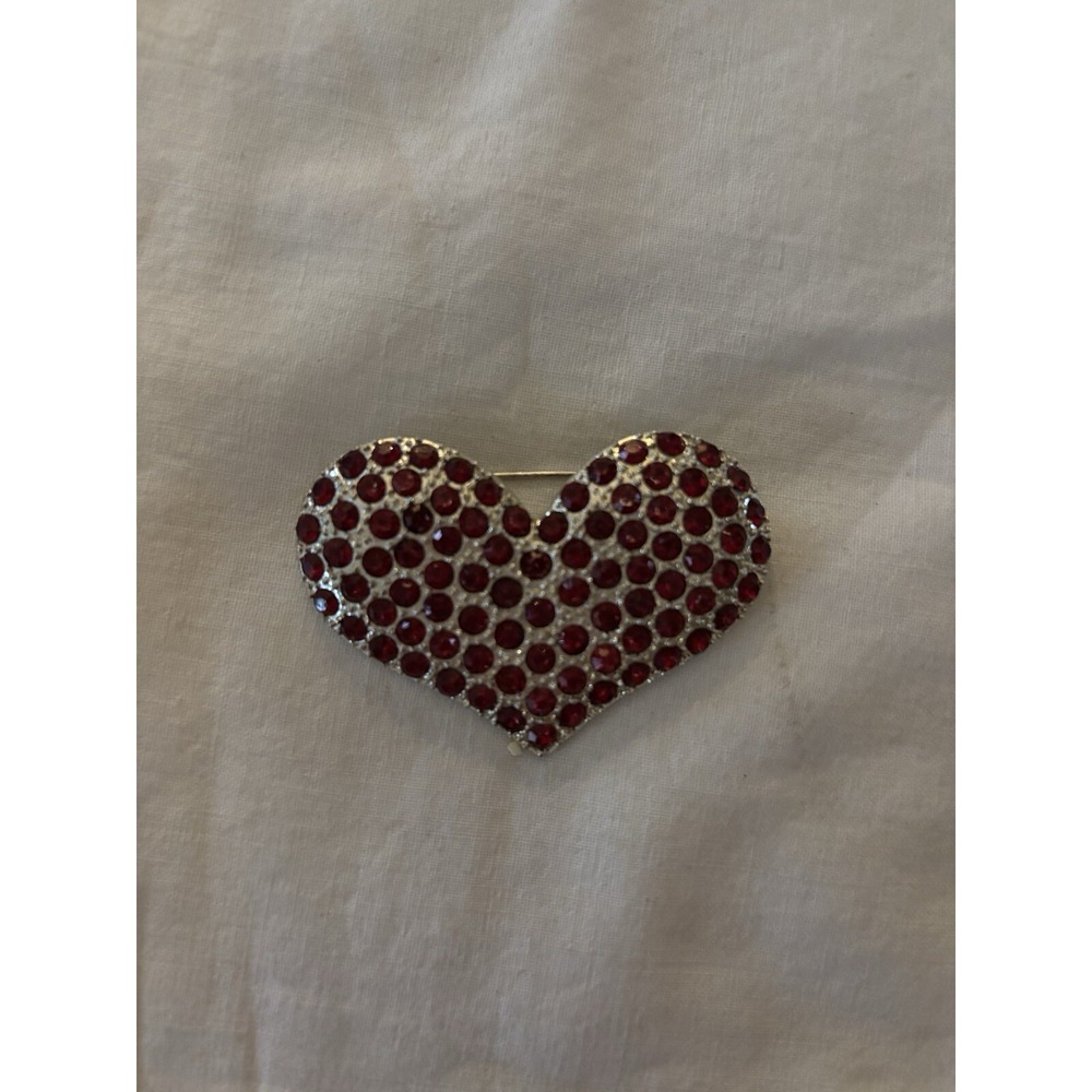 Silvertone Heart Shaped Brooch With Red Stones. New.